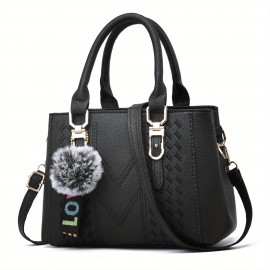 Embroidery Detail Satchel Bag, Trendy PU Leather Crossbody Bag, Women's Double Handle Purse With Pendant