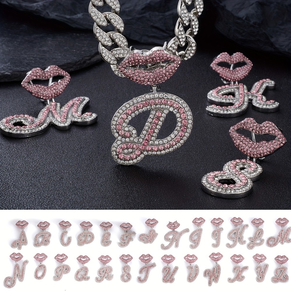 1Pc Shiny Sexy Pink Lip Initial Pendant With Iced Cuban Chain For Men And Women, Hip Hop Charm Choker Necklace