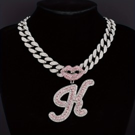 1Pc Shiny Sexy Pink Lip Initial Pendant With Iced Cuban Chain For Men And Women, Hip Hop Charm Choker Necklace