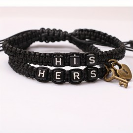 2pcs HIS HERS Couple Bracelet, Couple Lover's Pendant Woven Rope Bracelet For Men Women