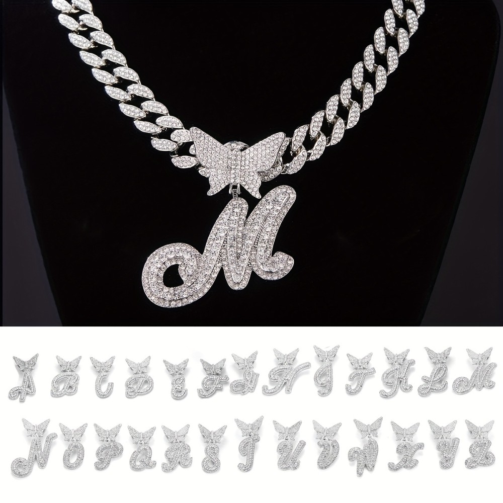 1pc Hip Hop Rhinester Italian Cursive Letters 26 Optional Butterfly Pendant , Men's Necklace, Street Hipster Full Faux Diamond Chain Link