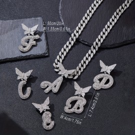 1pc Hip Hop Rhinester Italian Cursive Letters 26 Optional Butterfly Pendant , Men's Necklace, Street Hipster Full Faux Diamond Chain Link