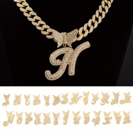 1pc Hip Hop Rhinester Italian Cursive Letters 26 Optional Butterfly Pendant , Men's Necklace, Street Hipster Full Faux Diamond Chain Link