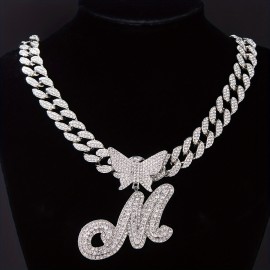 1pc Hip Hop Rhinester Italian Cursive Letters 26 Optional Butterfly Pendant , Men's Necklace, Street Hipster Full Faux Diamond Chain Link