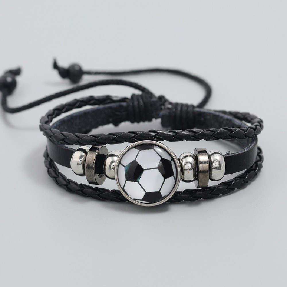 Funky Beaded Football Charm Leather Bracelet, Men's Adjustable Braided Soccer Bracelet