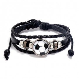 Funky Beaded Football Charm Leather Bracelet, Men's Adjustable Braided Soccer Bracelet