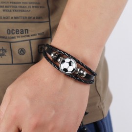 Funky Beaded Football Charm Leather Bracelet, Men's Adjustable Braided Soccer Bracelet