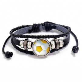 Funky Beaded Football Charm Leather Bracelet, Men's Adjustable Braided Soccer Bracelet