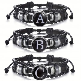 1pc 26 English Letters Black PU Leather Bracelet, Men's Vintage Punk Style Adjustable Rope Chain, Handmade Multilayer Beaded Bracelet Jewelry