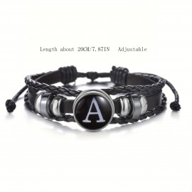 1pc 26 English Letters Black PU Leather Bracelet, Men's Vintage Punk Style Adjustable Rope Chain, Handmade Multilayer Beaded Bracelet Jewelry