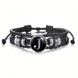 1pc 26 English Letters Black PU Leather Bracelet, Men's Vintage Punk Style Adjustable Rope Chain, Handmade Multilayer Beaded Bracelet Jewelry