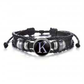 1pc 26 English Letters Black PU Leather Bracelet, Men's Vintage Punk Style Adjustable Rope Chain, Handmade Multilayer Beaded Bracelet Jewelry