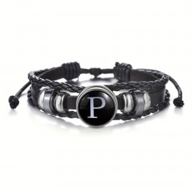 1pc 26 English Letters Black PU Leather Bracelet, Men's Vintage Punk Style Adjustable Rope Chain, Handmade Multilayer Beaded Bracelet Jewelry