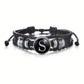 1pc 26 English Letters Black PU Leather Bracelet, Men's Vintage Punk Style Adjustable Rope Chain, Handmade Multilayer Beaded Bracelet Jewelry