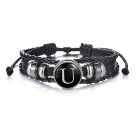 1pc 26 English Letters Black PU Leather Bracelet, Men's Vintage Punk Style Adjustable Rope Chain, Handmade Multilayer Beaded Bracelet Jewelry