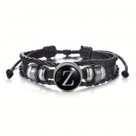 1pc 26 English Letters Black PU Leather Bracelet, Men's Vintage Punk Style Adjustable Rope Chain, Handmade Multilayer Beaded Bracelet Jewelry