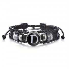 1pc 26 English Letters Black PU Leather Bracelet, Men's Vintage Punk Style Adjustable Rope Chain, Handmade Multilayer Beaded Bracelet Jewelry