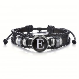 1pc 26 English Letters Black PU Leather Bracelet, Men's Vintage Punk Style Adjustable Rope Chain, Handmade Multilayer Beaded Bracelet Jewelry