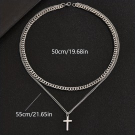 Titanium Steel Double-layer Cross Charm Necklace Men's Trendy Hip-hop Sweater Chain Accessories