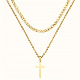 Titanium Steel Double-layer Cross Charm Necklace Men's Trendy Hip-hop Sweater Chain Accessories