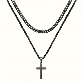 Titanium Steel Double-layer Cross Charm Necklace Men's Trendy Hip-hop Sweater Chain Accessories