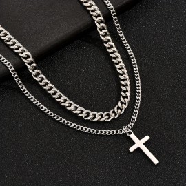 Titanium Steel Double-layer Cross Charm Necklace Men's Trendy Hip-hop Sweater Chain Accessories