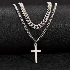 Titanium Steel Double-layer Cross Charm Necklace Men's Trendy Hip-hop Sweater Chain Accessories