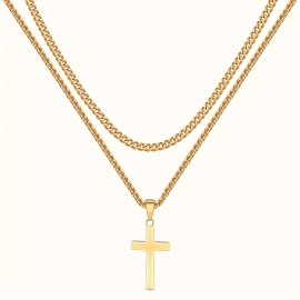 Titanium Steel Double-layer Cross Charm Necklace Men's Trendy Hip-hop Sweater Chain Accessories