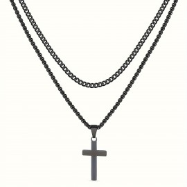 Titanium Steel Double-layer Cross Charm Necklace Men's Trendy Hip-hop Sweater Chain Accessories