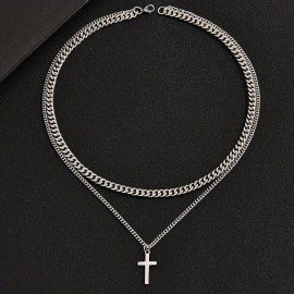 Titanium Steel Double-layer Cross Charm Necklace Men's Trendy Hip-hop Sweater Chain Accessories