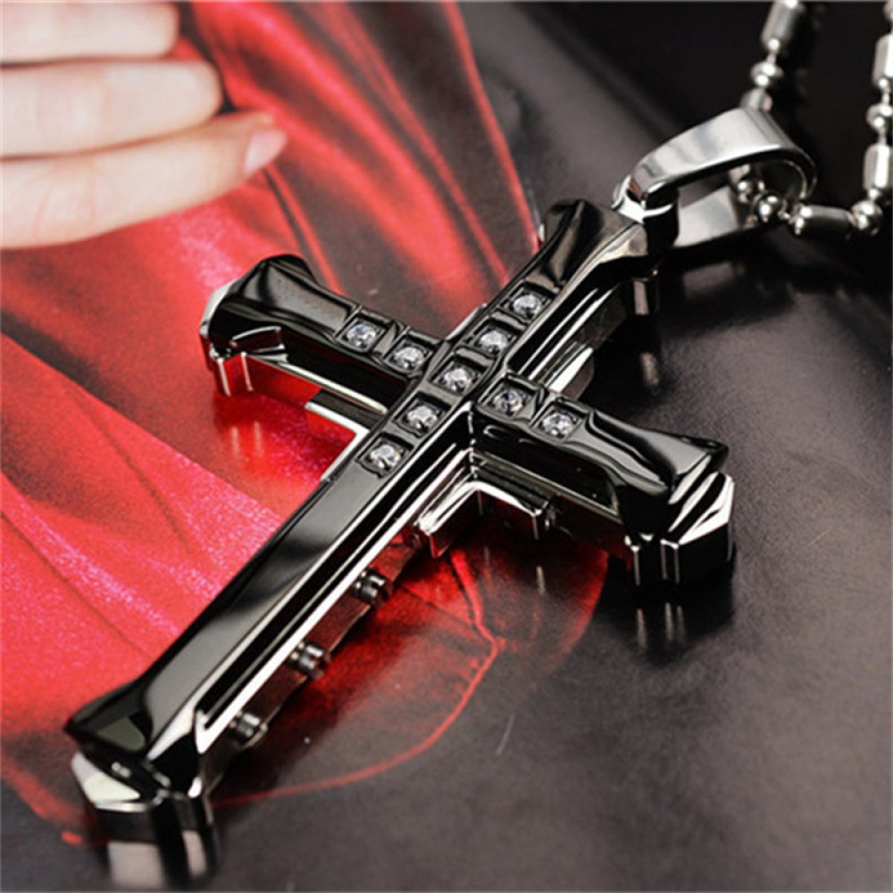 Male Silver Golden Black Alloy Zirconia Jesus Cross Pendant Necklace Jewelry For Men