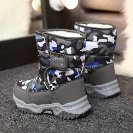 Casual Comfortable Camouflage Snow Boots With Hook And Loop Fastener For Boys, Waterproof Soft Warm Plus Fleece Boots For Outdoor Walking Hiking, Winter