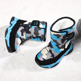 Casual Comfortable Camouflage Snow Boots With Hook And Loop Fastener For Boys, Waterproof Soft Warm Plus Fleece Boots For Outdoor Walking Hiking, Winter