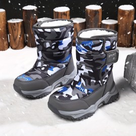 Casual Comfortable Camouflage Snow Boots With Hook And Loop Fastener For Boys, Waterproof Soft Warm Plus Fleece Boots For Outdoor Walking Hiking, Winter