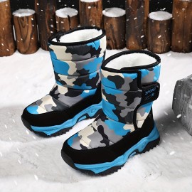 Casual Comfortable Camouflage Snow Boots With Hook And Loop Fastener For Boys, Waterproof Soft Warm Plus Fleece Boots For Outdoor Walking Hiking, Winter