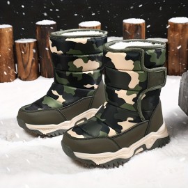 Casual Comfortable Camouflage Snow Boots With Hook And Loop Fastener For Boys, Waterproof Soft Warm Plus Fleece Boots For Outdoor Walking Hiking, Winter