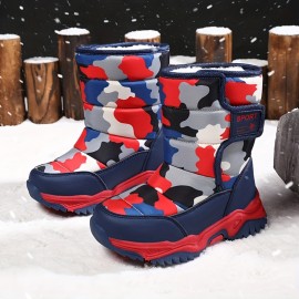 Casual Comfortable Camouflage Snow Boots With Hook And Loop Fastener For Boys, Waterproof Soft Warm Plus Fleece Boots For Outdoor Walking Hiking, Winter