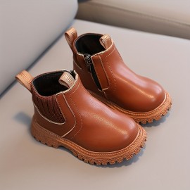 Casual Solid Color Boots With Zipper For Boys Kids, Comfortable Non Slip Boots For Indoor Outdoor Travel, Autumn And Winter