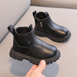 Casual Solid Color Boots With Zipper For Boys Kids, Comfortable Non Slip Boots For Indoor Outdoor Travel, Autumn And Winter