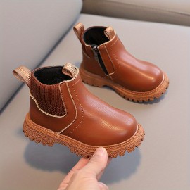 Casual Solid Color Boots With Zipper For Boys Kids, Comfortable Non Slip Boots For Indoor Outdoor Travel, Autumn And Winter