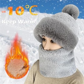 Solid Color Fleece Ski Mask Winter Warm hat Thick Beanie With Pom Classic Coldproof Hood Scarf Neck Gaiter Outdoor Cycling Balaclava For Women