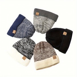 Thickened Color Block Fleece Beanie Classic Coldproof Knit Hats Unisex Elastic Skull Cap Cuffed Beanies For Women Men Autumn & Winter