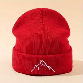 Mountain Embroidery Graphic Beanie Solid Color Skull Cap Lightweight Knit Hats Cuffed Beanies For Women Men Autumn & Winter