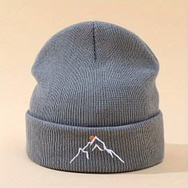 Mountain Embroidery Graphic Beanie Solid Color Skull Cap Lightweight Knit Hats Cuffed Beanies For Women Men Autumn & Winter