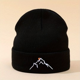 Mountain Embroidery Graphic Beanie Solid Color Skull Cap Lightweight Knit Hats Cuffed Beanies For Women Men Autumn & Winter