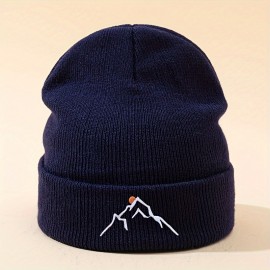 Mountain Embroidery Graphic Beanie Solid Color Skull Cap Lightweight Knit Hats Cuffed Beanies For Women Men Autumn & Winter