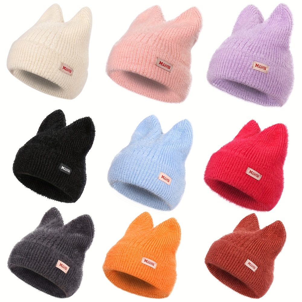 Candy Color Cat Beanie With Ears Lightweight Elastic Skull Cap Trendy Elastic Beanies Warm Knit Hats For Women Autumn & Winter