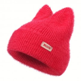 Candy Color Cat Beanie With Ears Lightweight Elastic Skull Cap Trendy Elastic Beanies Warm Knit Hats For Women Autumn & Winter