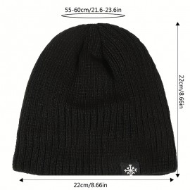 Snowflake Label Patch Knitted Beanie Unisex Thicken Warm Knit Hat Lightweight Ear Protection Windproof Slouchy Hat For Women & Men Cold Weather