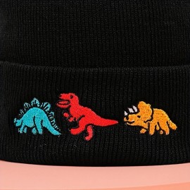 Dinosaur Embroidery Graphic Beanie Solid Color Trendy Couple Beanies Elastic Knit Hats Warm Skull Cap For Women & Men